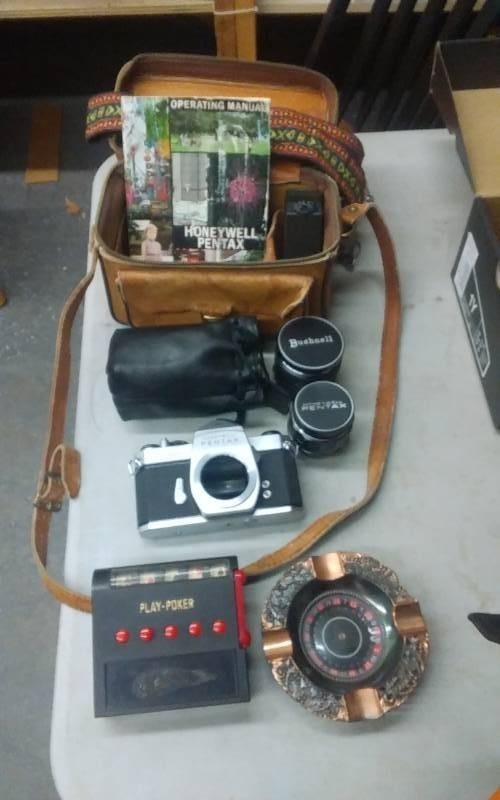 Pentax Camera With Lenses, Poker Game, Ash Tray-(Hunting Shack Stuff)