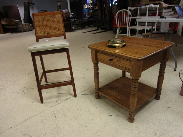 SOLID OAK END TABLE  TEAK BARSTOOL  BRASS ROBE HOOK
