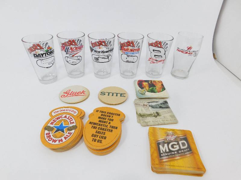 lot 38 image: Six Budweiser Special Beer NASCAR Glasses & Miscellaneous Bar Top Coasters