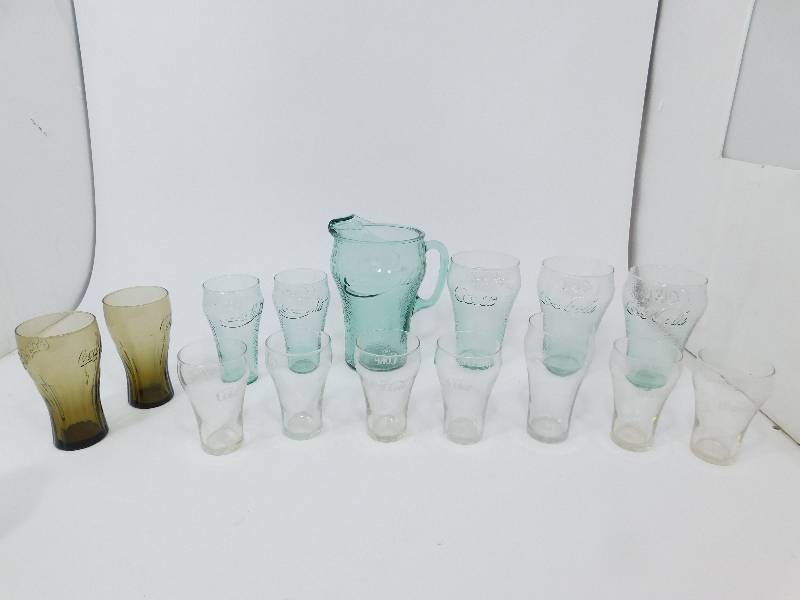 lot 39 image: Coca Cola Pitcher & Fourteen Coca Cola Glasses