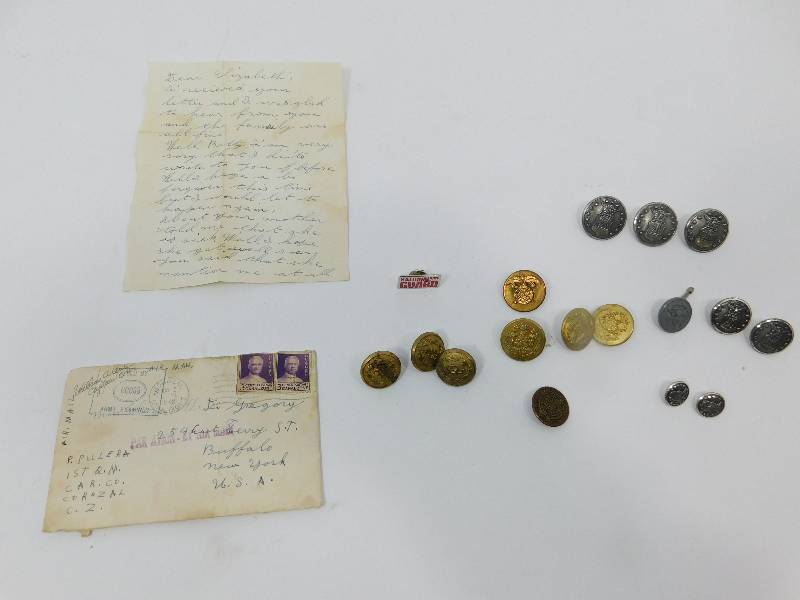 lot 48 image: Forty Seven Military Buttons From World War ll & A Letter Written & Mailed In 1942
