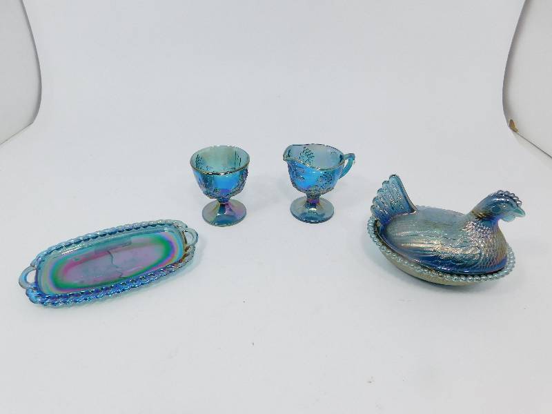 lot 75 image: Carnival Glass Rooster Candy Dish With Cover & Butter Dish & Sugar & Creamer
