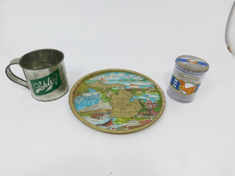 lot 88 image: Metal Tray (Michigan State Map On It) & Barley Day (Greenwald, MN) & Camel Lights Cigarettes Container