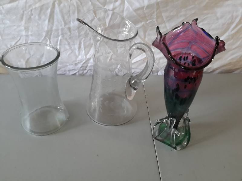 lot 76 image: 2 Glass Vases, 1 Glass Pitcher, Please See Close-Ups