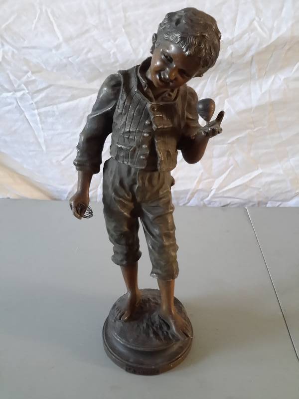 lot 79 image: Antique Bronzed Spelter Metal LA TOUPIE Boy w Top CHARLES ANFRIE Sculpture