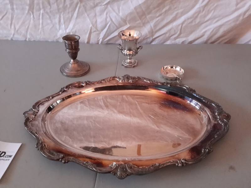 lot 67 image: Wilcox Rochelle Silver Serving Platter with Smaller Silver Items