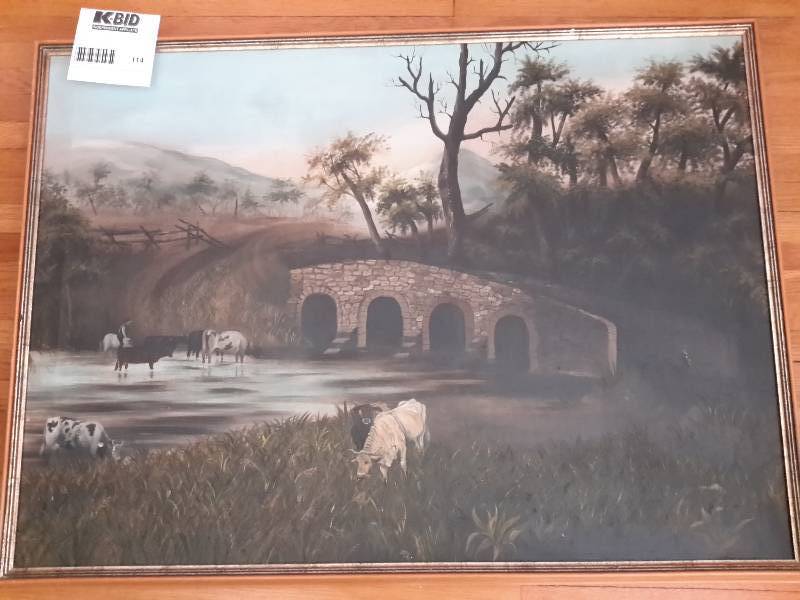 lot 114 image: Large Cows by Bridge Painting