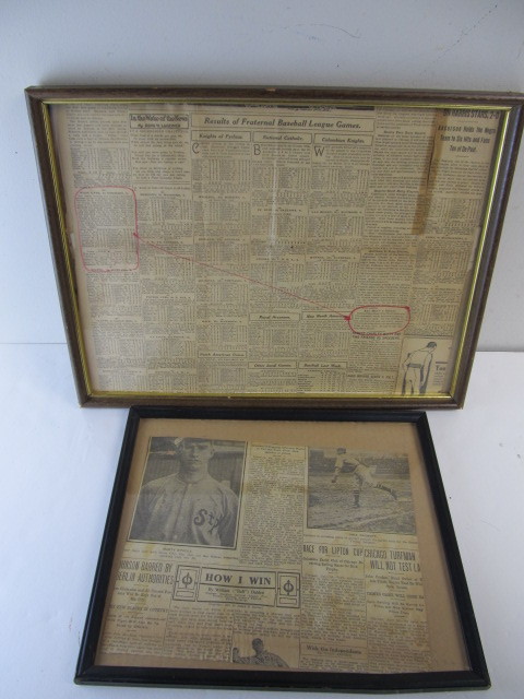 lot 29 image: 2 Framed Antique 1910s Baseball Newspaper Articles