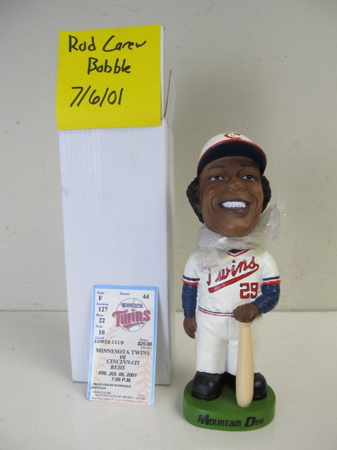 lot 65 image: Mint In Box 2001 Game Giveaway ROD CAREW Bobblehead - wGame Ticket