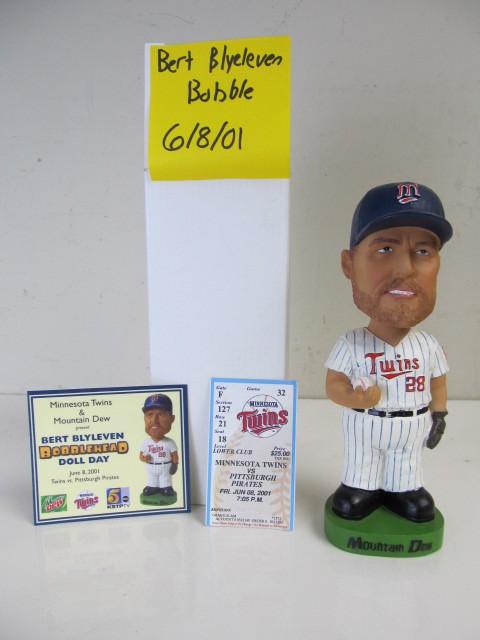 lot 69 image: Mint In Box 2001 Game Giveaway BERT BLYLEVEN Bobblehead - wGame Ticket