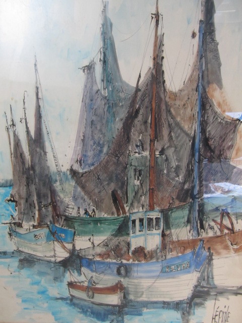 lot 33 image: Vintage Signed Mid Century Sailboat Harbor Scene original Watercolor Painting.