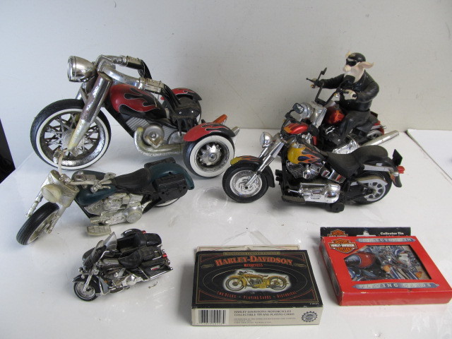 lot 129 image: Group of Motorcycle Toys - Harley Davidson Playing Cards etc