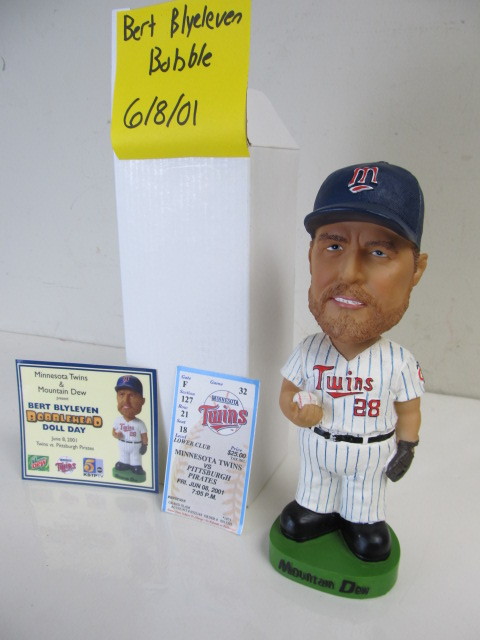 lot 70 image: Mint In Box 2001 Game Giveaway BERT BLYLEVEN Bobblehead - wGame Ticket