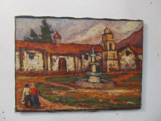 lot 168 image: Vintage Signed 2-Sided Peruvian Oil Painting