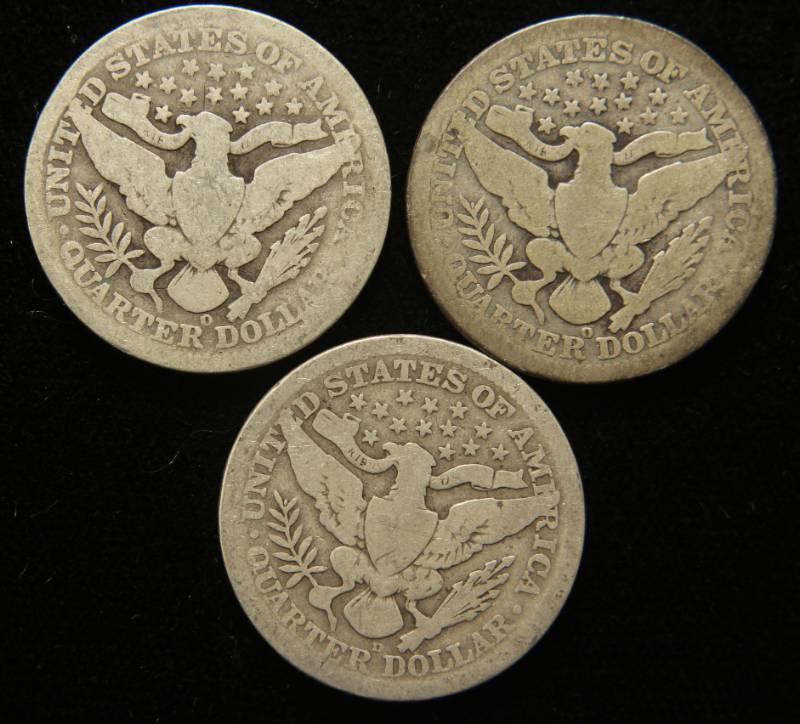 3 BARBER QUARTERS 1903-O 1908-O 1909-D
