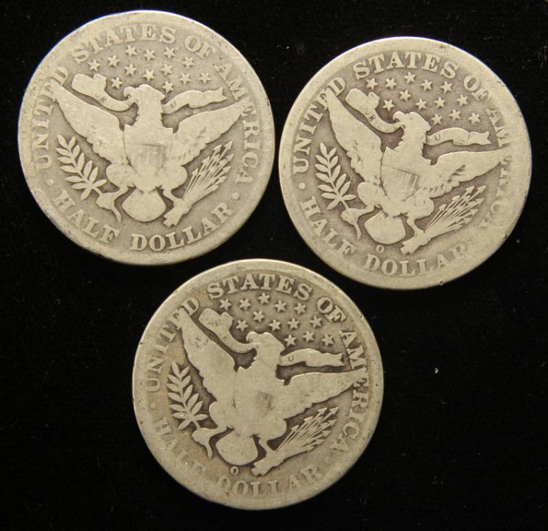 3 BARBER HALF DOLLARS 1899 1900-O 1904-O