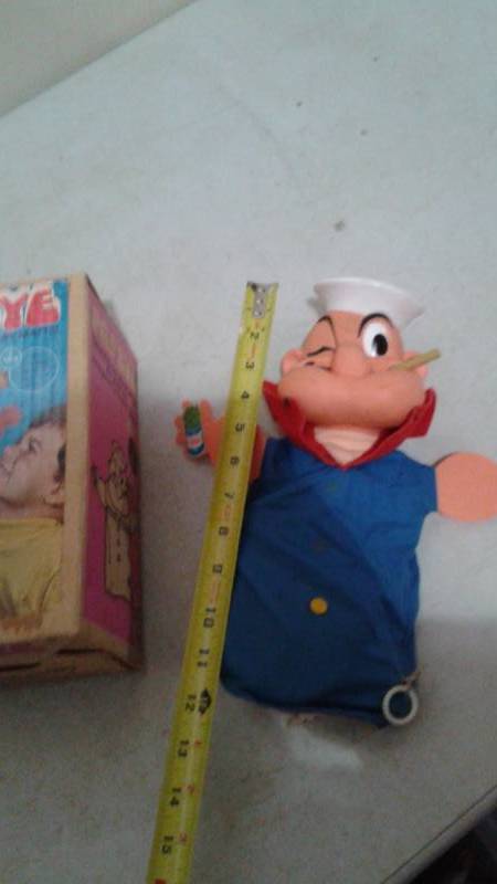 lot 23 image: Vintage Popeye Hand Puppet With Box, Missing Pipe End, Voice Box Does Not Work
