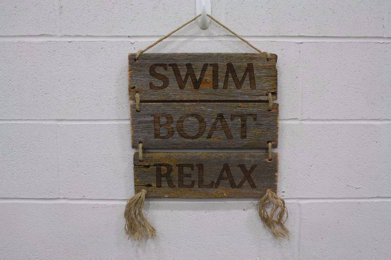 lot 33A image: Handmade  Swim, Boat, Relax Wood Decor Sign