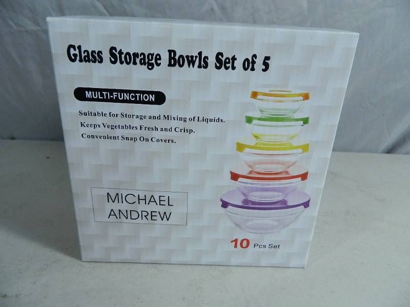 lot 40 image: New 10 Pc Glass Bowl Set with Colored Lids