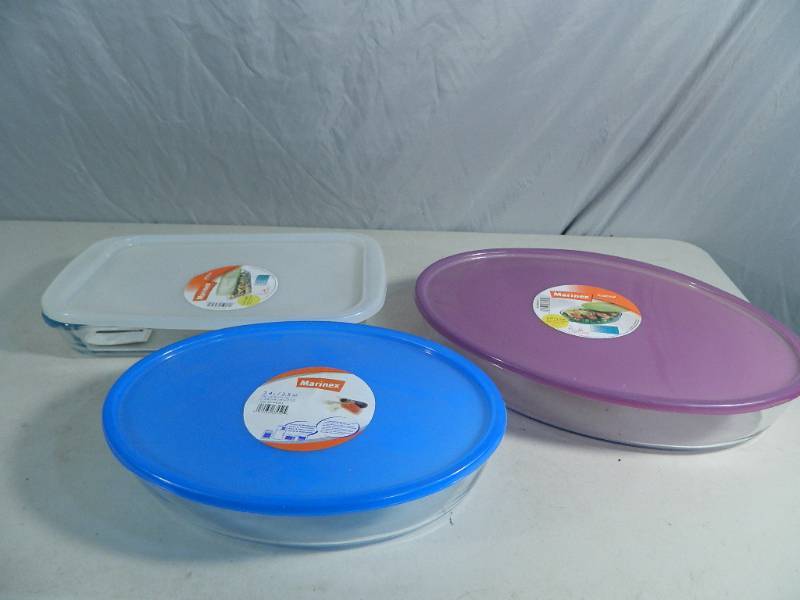 lot 67 image: 3 New Marinex Glass Baking Dishes with Lids