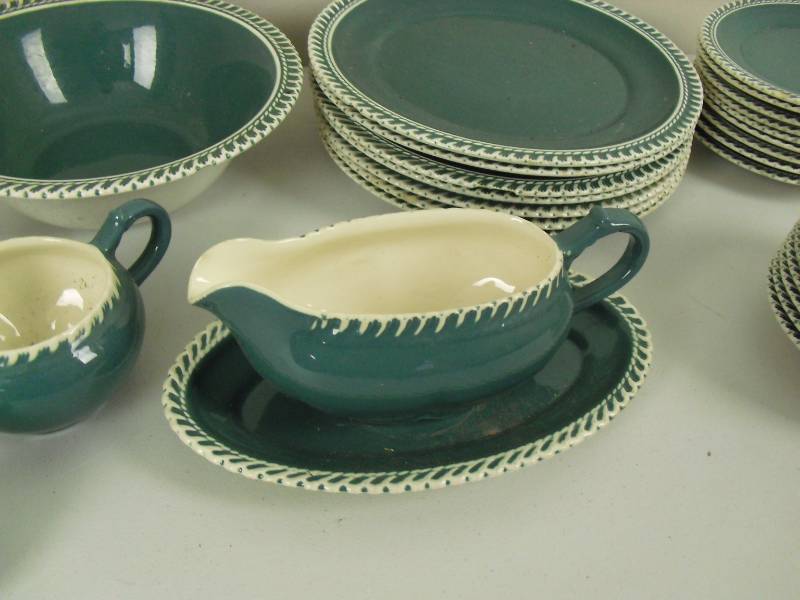lot 165 image: Vintage Harkerware Pottery Ohio Blue-Green Dishes.