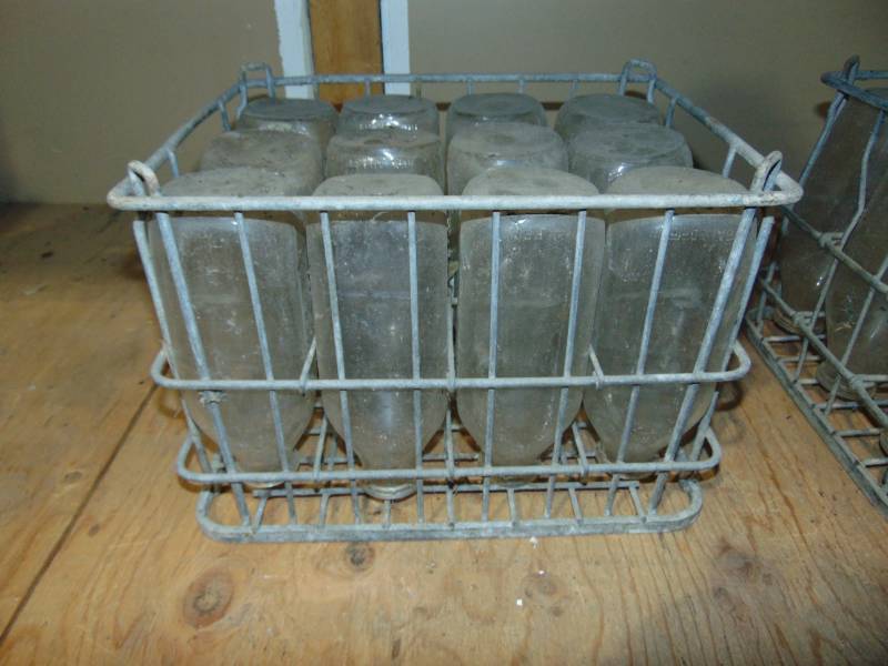 (24) Vintage Glass Milk Bottles With Metal Crates