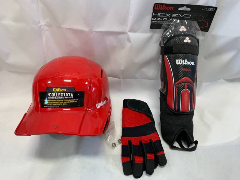lot 16 image: Baseball Helmet, Gloves, Shin Guards