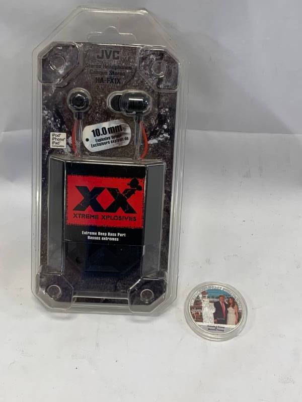 lot 37 image: JVC Headphones & Donald Trump Coin