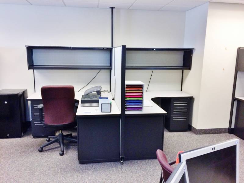 lot 112 image: WOW Gorgeous & High Quality 2 Haworth Cubicle Workstation Fully Loaded With Lighted Overhead Cabinets 2 & 3 Drawer Filing Cabinets - Excellent Condition - Contents and Chairs Not Included  Buyer Responsible For Disassembly  