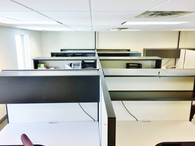 lot 115 image: WOW Gorgeous & High Quality 8 Haworth Cubicle Workstation Fully Loaded With Lighted Overhead Cabinets 2 & 3 Drawer Filing Cabinets - Great Condition Some With Keys - Contents and Chairs Not Included  Buyer Responsible For Disassembly