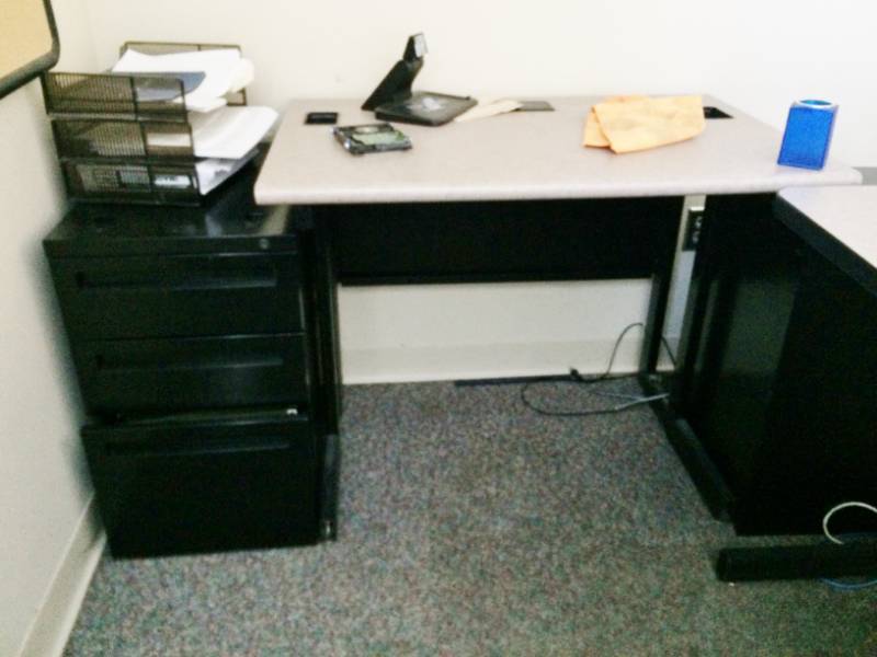 lot 137 image: HIGH QUALITY STEELCASE&nbspLot Of 1 Small 3 Computer Ports Training Classroom Table With 1 Large Classroom Training Table Plus 2-2 Drawer Metal Filing Cabinets & 1-3 Drawer Filing Cabinet - Contents Not Included