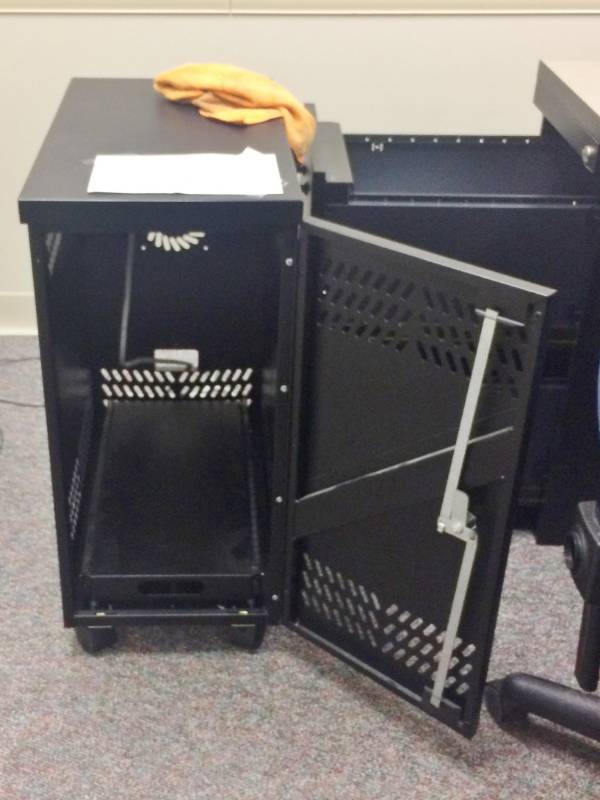 lot 215 image: MSRP $$450 Datum Large Mobile CPU Storage Metal Locker Black - Excellent Condition - A Little Dusty