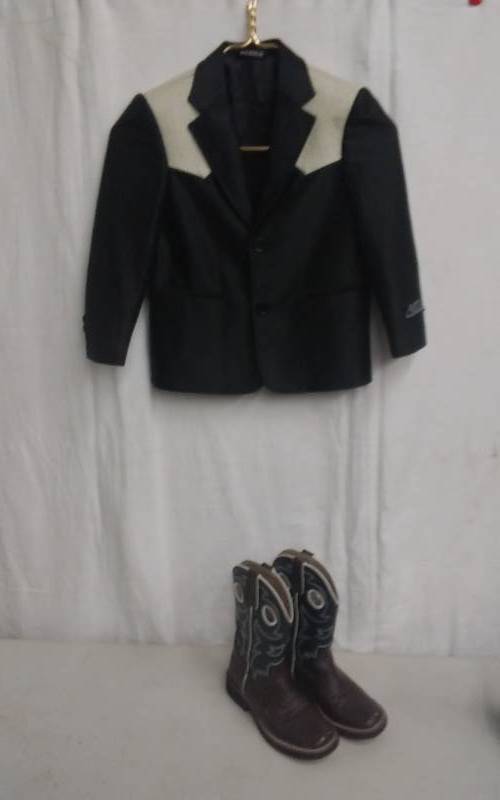 lot 23 image: American Western Dress Jacket Boys Size 6, Roper Boots Size 13