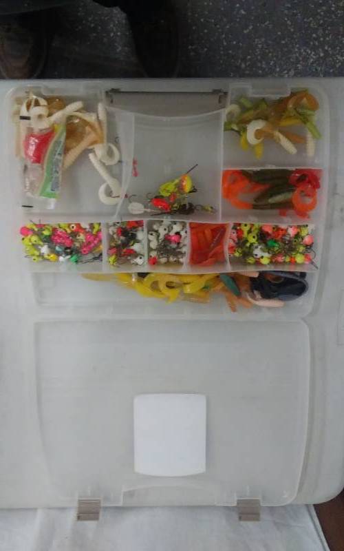 lot 14 image: Plastic Organizer Full Of Jig Heads & Plastic Baits