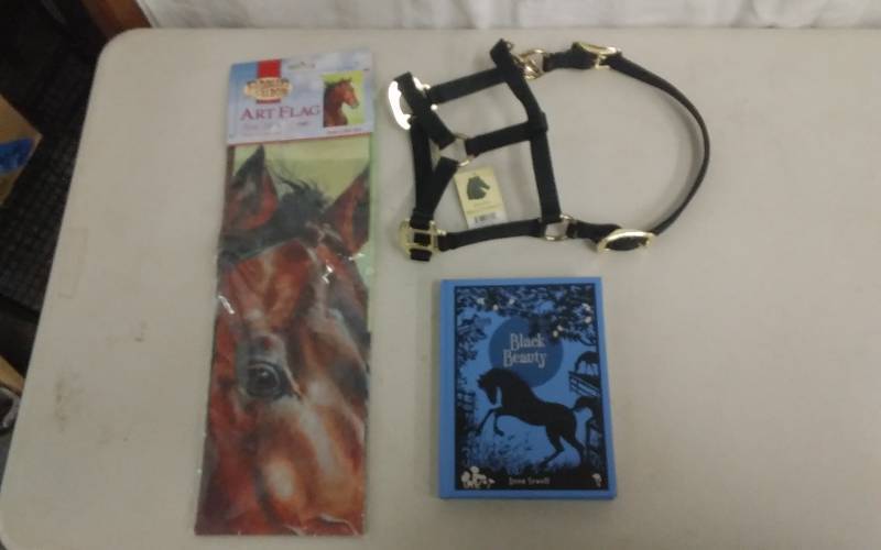 lot 33 image: Decorative Horse Flag 26x37, New Leather Horse Halter, Black Beauty Book (2011 Edition)