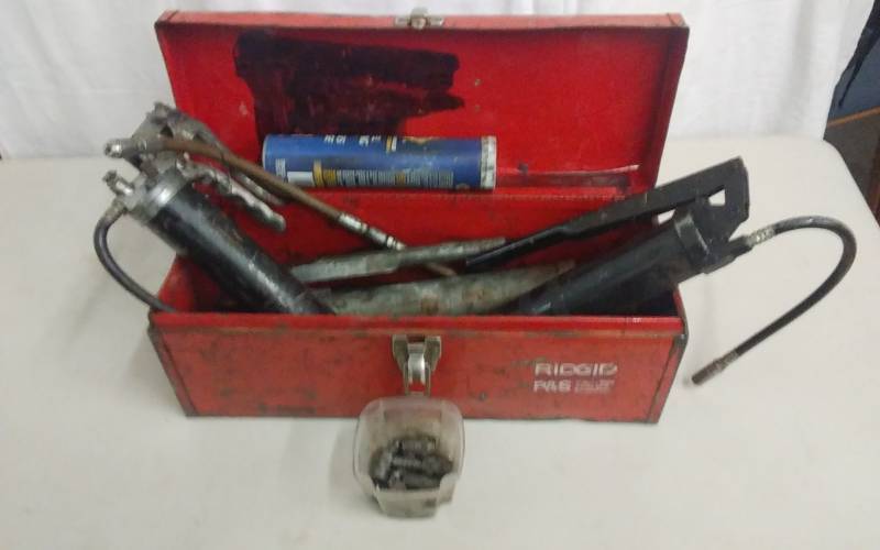lot 43 image: Tool Box With 3-Grease Guns & Grease
