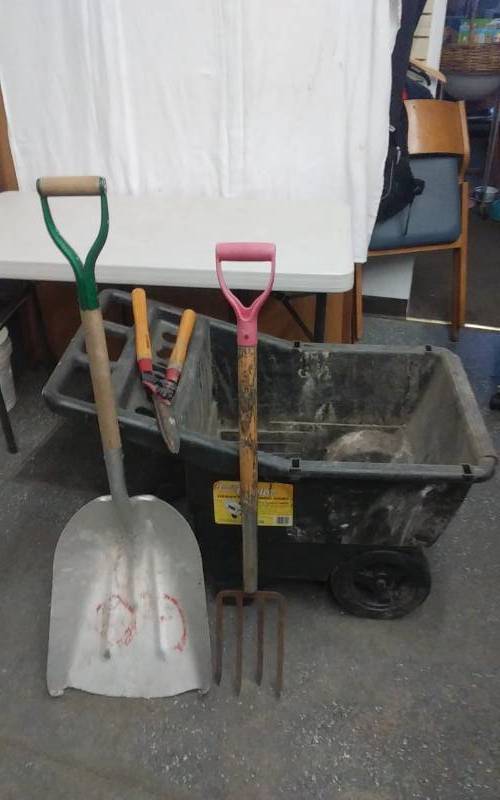 lot 47 image: Handy Hauler Yard Cart, Pitchfork, Scoop Shovel, Hedge Tool