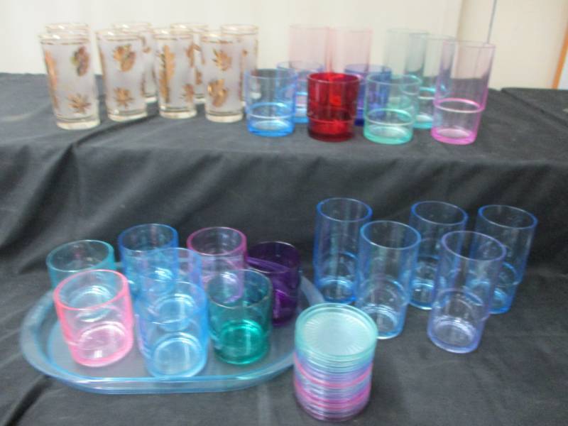 Gold Leaf Glasses and nice plastic colorful glasses and tray