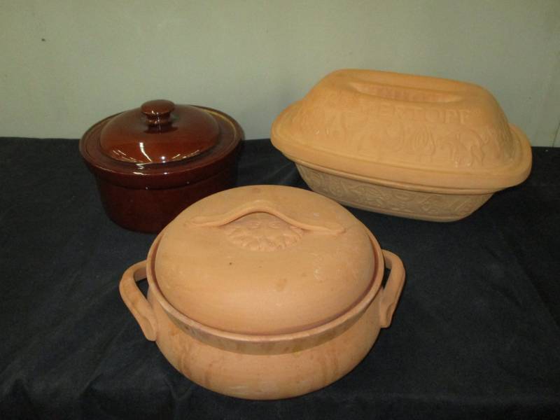 Beanpots and stoneware roasting pan