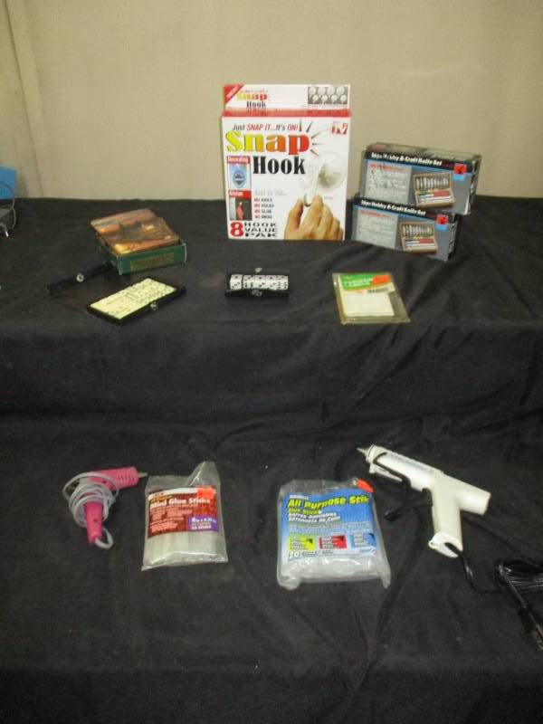 Glue guns, sticks Exacto knife kits, Mini Domino Set, Dice