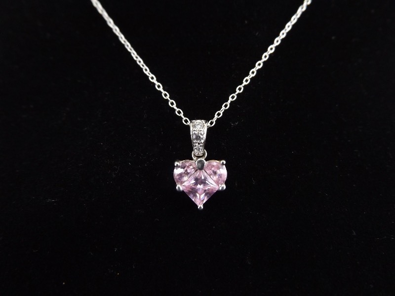 .925 Sterling Silver 2 ct Faceted Pink Topaz Heart Pendant Necklace
