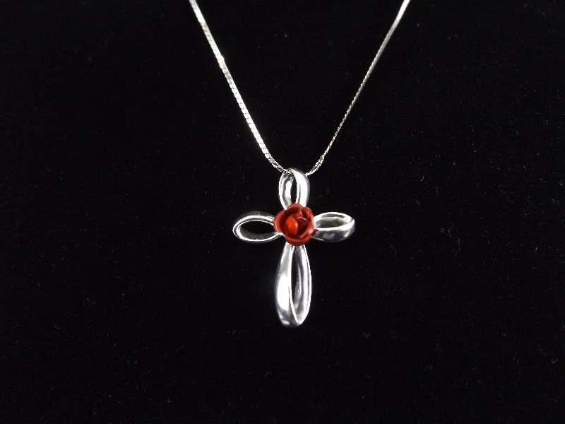 .925 Sterling Silver Red Rose Cross of Love Pendant Necklace