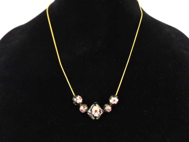26 Black Cloisonne Bead Gold Metal Necklace