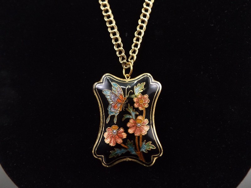 Large 2 Cloisonne Guilloche Butterfly Flower Pendant Gold Metal Necklace