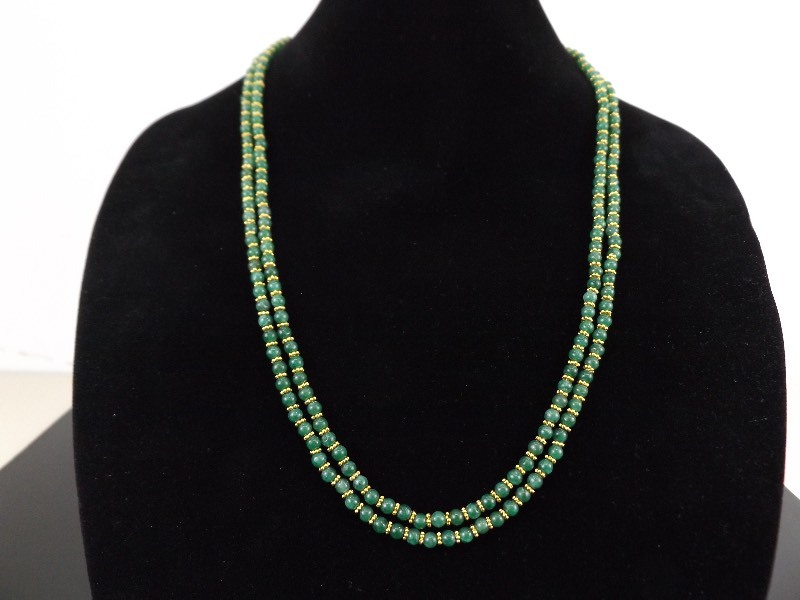 26 Green Jade Bead Double Strand Gold Metal Accented Necklace