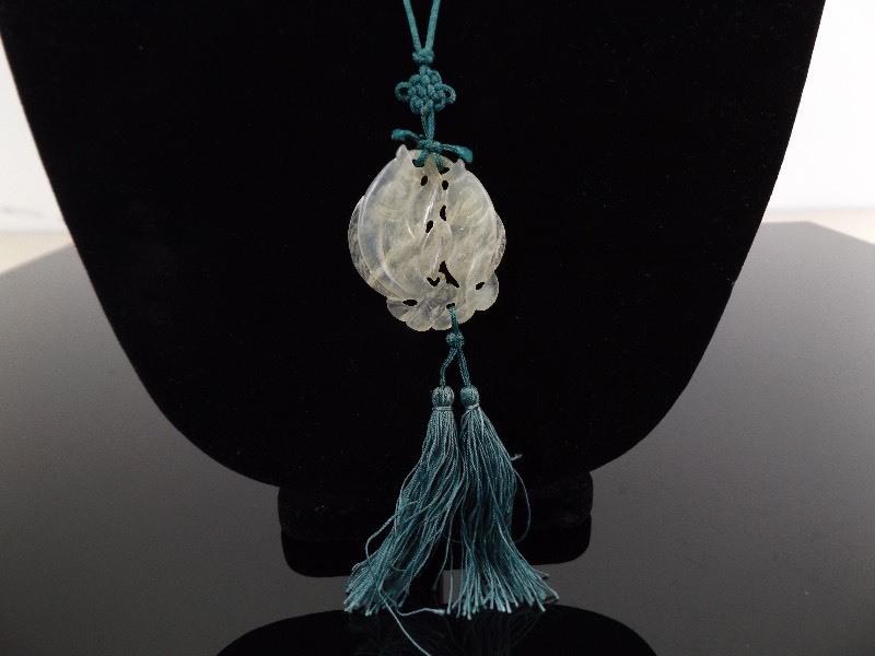 Large 2 Carved Jade Fish Pendant Green Silk Necklace