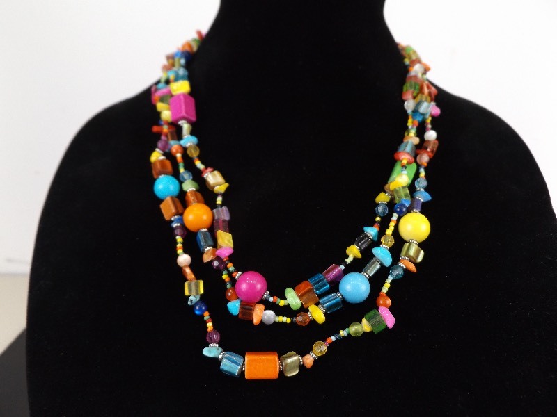 Natural and Synthetic Bead 3 Strand Statement Necklace