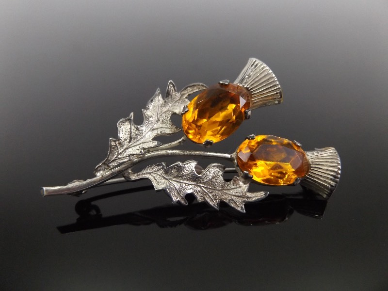 .925 Sterling Silver Faceted Amber Crystal Flower Brooch