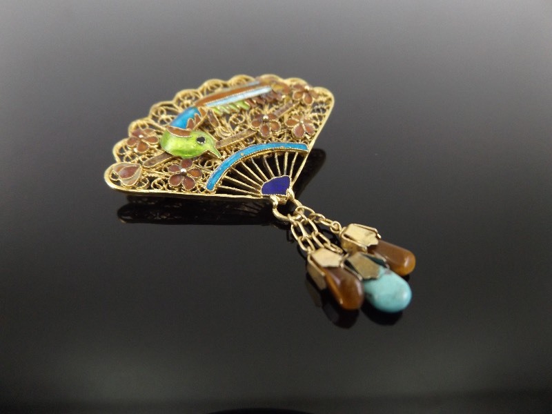 Enameled Asian Fan Brooch