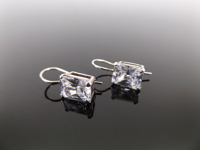 .925 Sterling Silver Faceted Emerald Cut Crystal Earrings